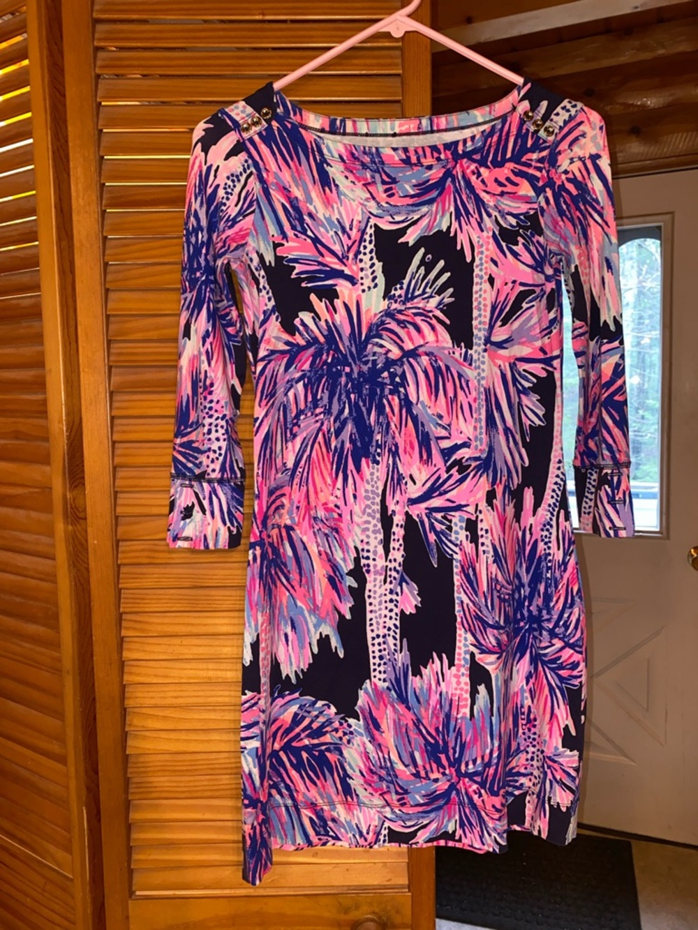 Lilly Pulitzer Pink, Purple and Navy Palm Print 3/4 Sleeve UPF Dress